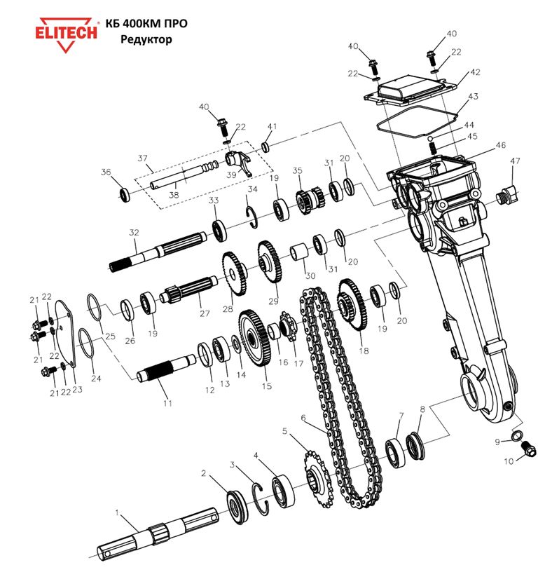 ЗАПЧАСТИ ДЛЯ МОТОБЛОКА БЕНЗИНОВОГО ELITECH КБ 400КМ ПРО (РЕДУКТОР)
