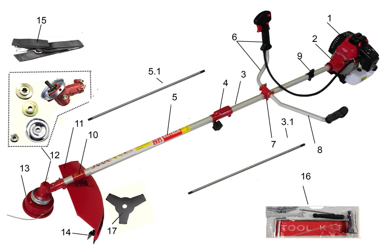 ЗАПЧАСТИ ДЛЯ ТРИММЕРА БЕНЗИНОВОГО ELITECH Т 52Р ПРОМО (ОБЩАЯ)
