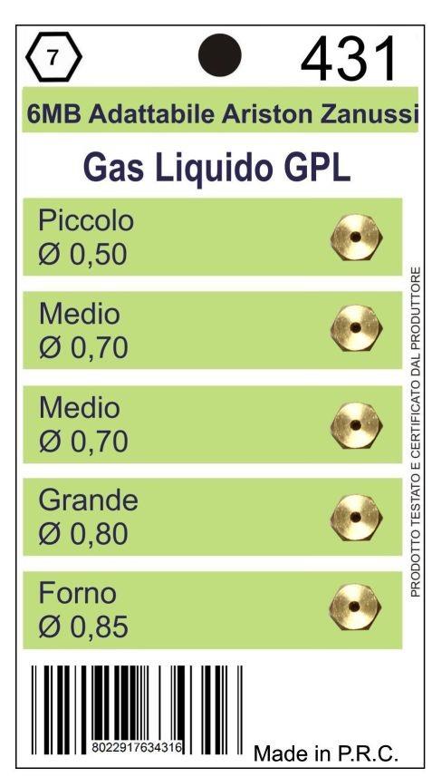Набор жиклёров Ariston-Zanussi на балонный газ (Винт - Ключ 7: М6: ?-0.50мм: ?-0.70мм: ?-0.70мм: ?-0.80мм: ?-0.85мм)